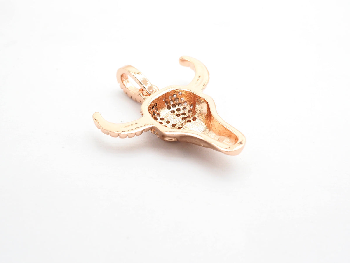 CZ Micro Pave Bull Skull Pendant, CZ Long Horn Charms,ox head, Bull Horn Charms, Antelope Head Pendant, Black/Rose Gold, 22mm,SKU#F548