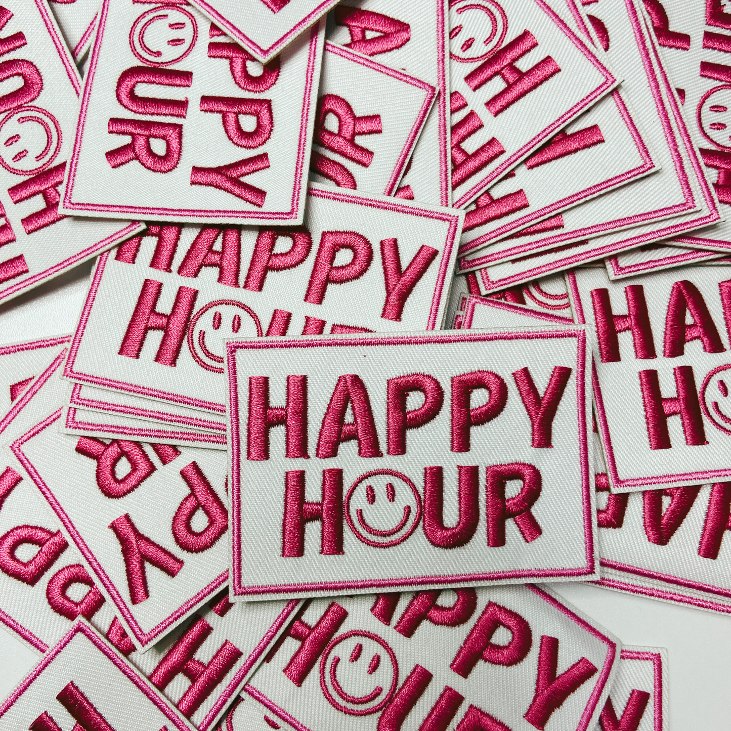 3" Happy Hour w Smiley face - Embroidered Hat Patch