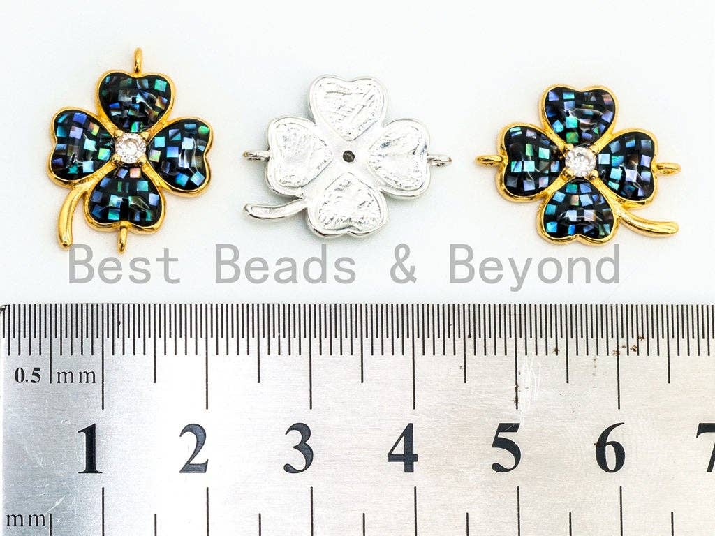CZ Micro Pave Abalone Four-leaf Clover Connector, Abalone Cubic Zirconia Space Connector, 16x21mm, Jewelry Findings,sku#Z34