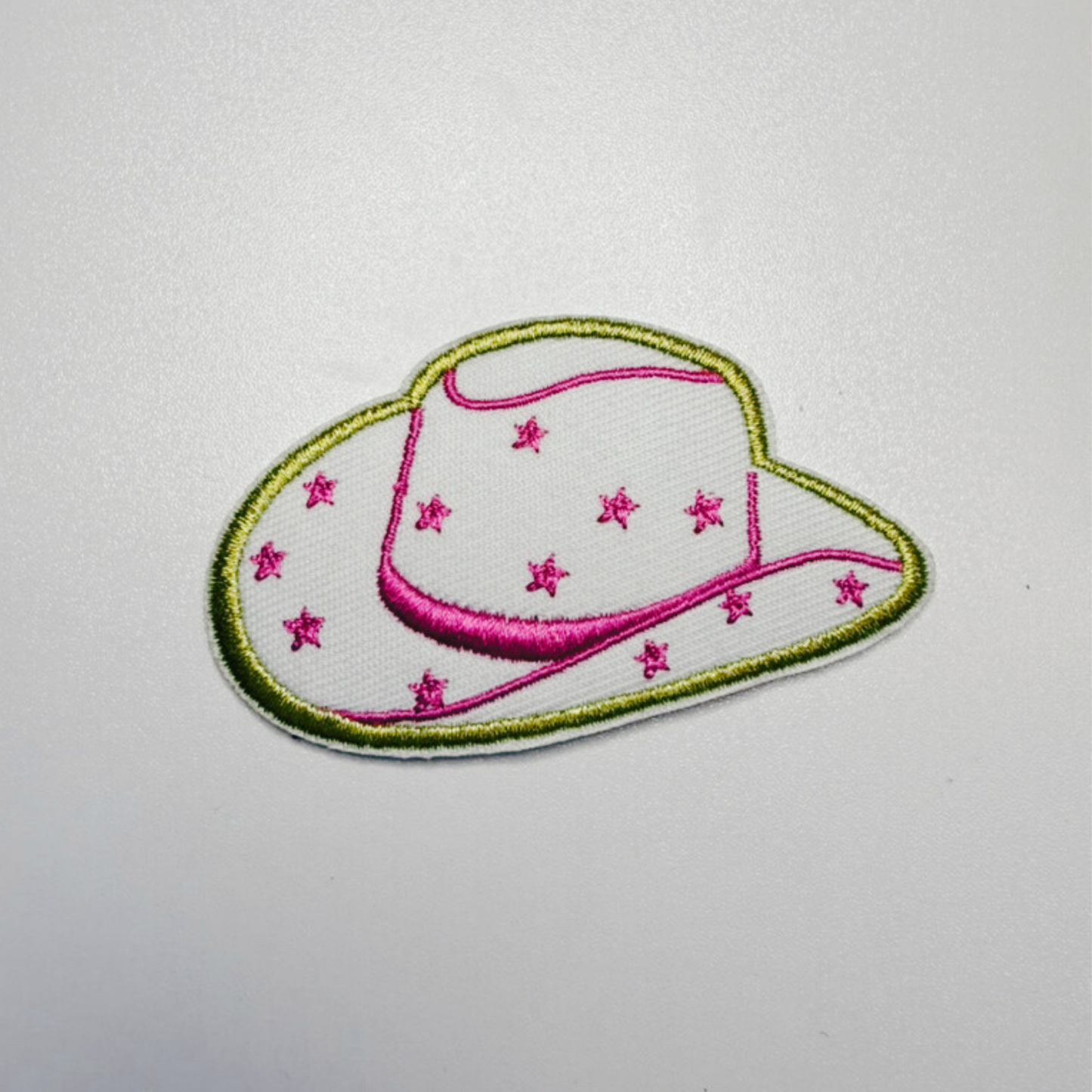 2.5” COWBOY HAT in White & Pink w stars - Embroidered Hat Patch
