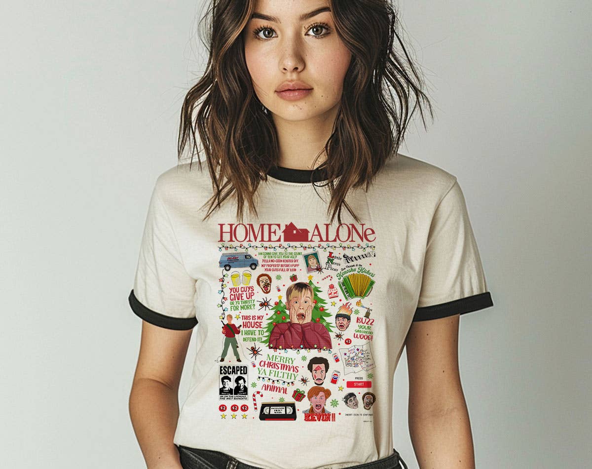 Home Alone Christmas Collage Ringer T-Shirt, Retro Contrast Trim Tee