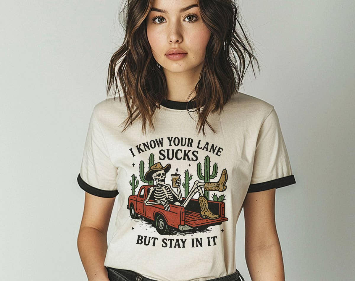I Know Your Lane Sucks Skeleton Ringer T-Shirt, Retro Contrast Trim Tee