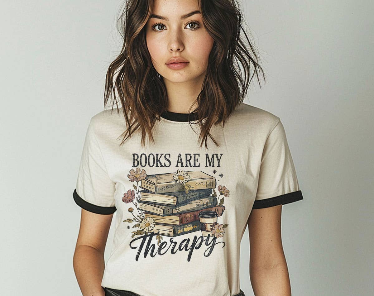 Books Are My Therapy Ringer T-Shirt, Retro Contrast Trim Tee