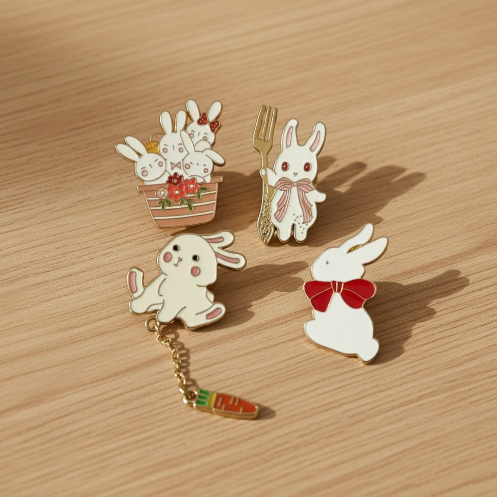 Cute Bunny Enamel Pin Set – Pack of 4 | Kawaii Rabbit Lapel Pins