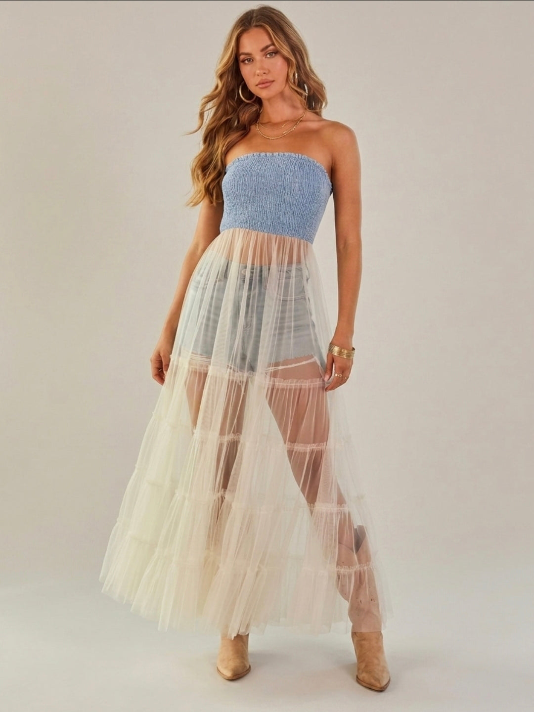 Strapless Smocked Tulle Denim Tube Top