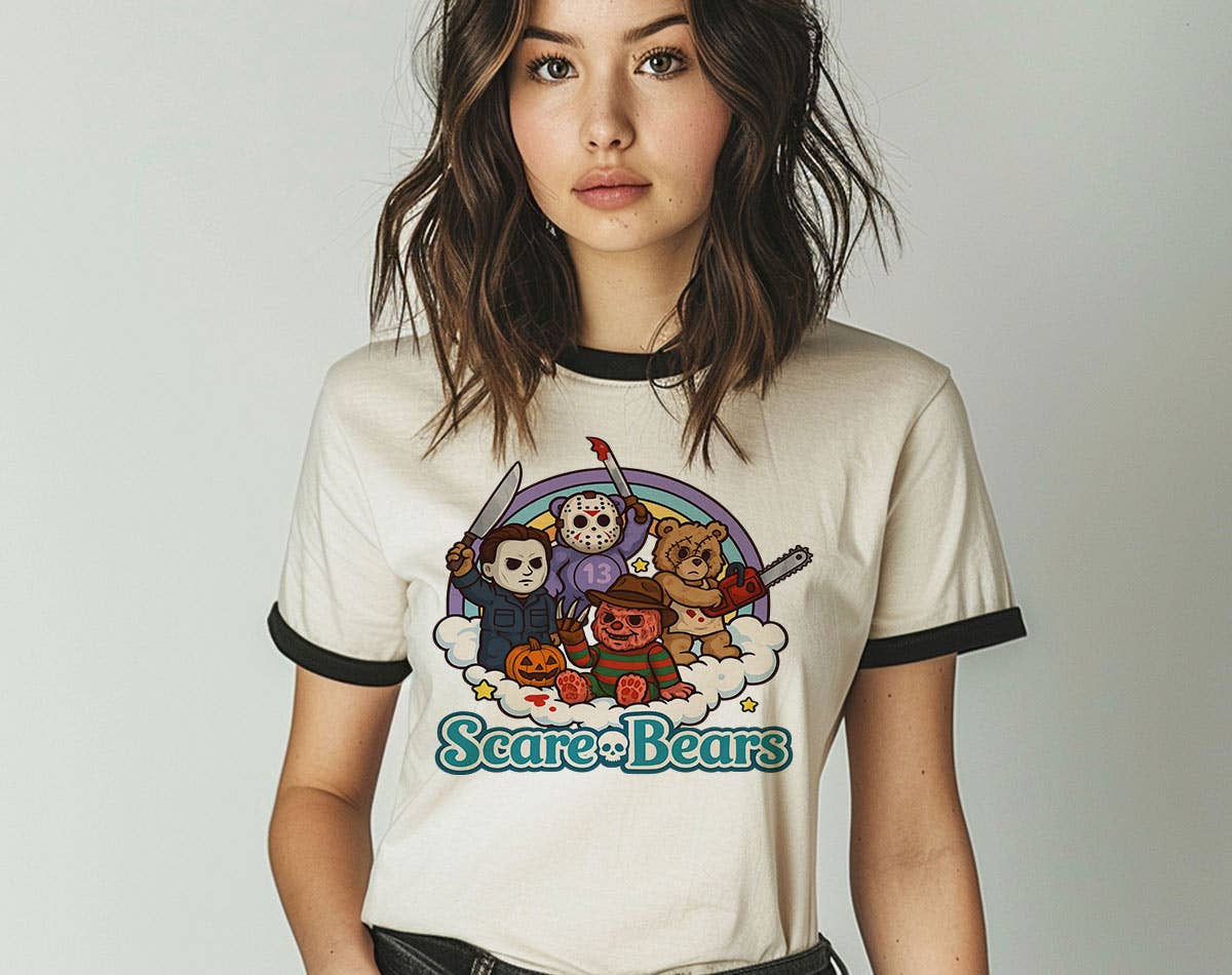 Scare Bears Horror Movie Halloween Ringer T-Shirt, Retro Contrast Trim Tee