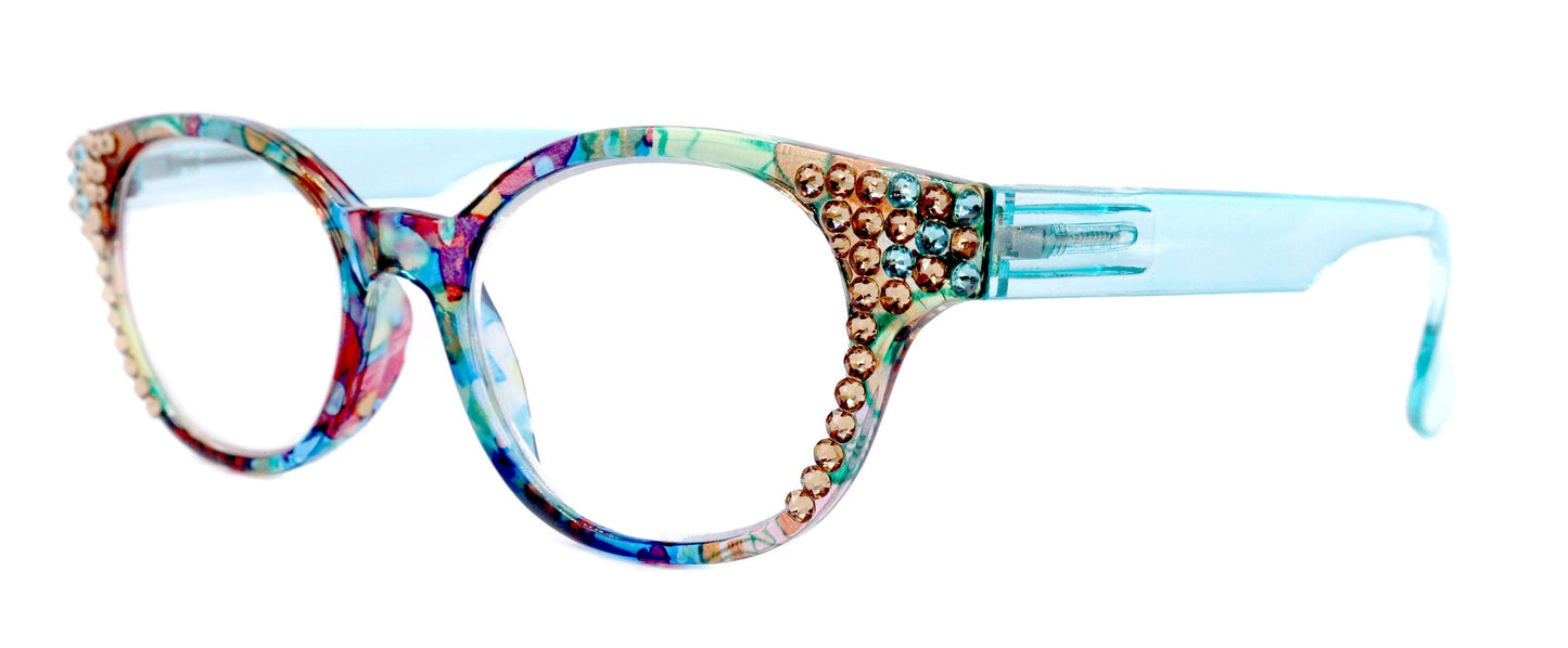 Versailles, (Bling) Reading Glasses 4 women W (Light Colorado, Aquamarine) Genuine European Crystals (Blue, Pink) NY Fifth Avenue