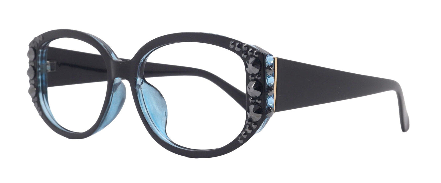 Petunia Oversized Bling Reading Glasses, BK W Aquamarine, Large Frame, High End Readers, Bifocal, Sun readers, Trendy Style, NY Fifth Avenue