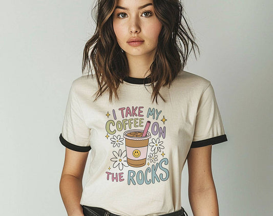 I Take My Coffee On The Rocks Ringer T-Shirt, Retro Contrast Trim Tee