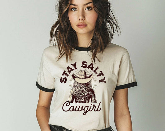 Stay Salty Cowgirl Ringer T-Shirt, Retro Contrast Trim Tee