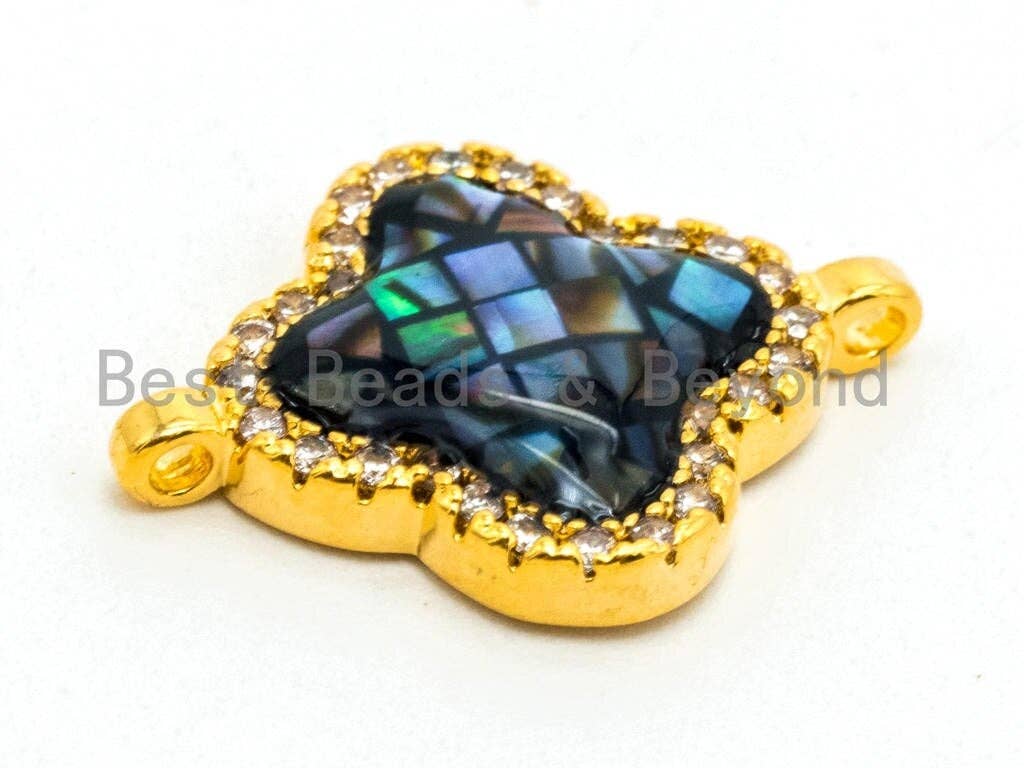 CZ Micro Pave Clover Connector with Abalone Shell, Cubic Zirconia Space Connector, CZ Abalone Stone Charm 14x18mm, 1pc,SKU#Z28