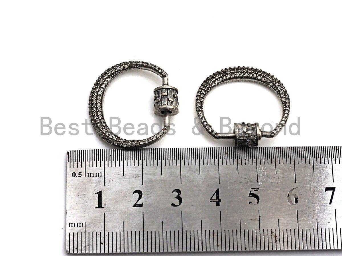 Fully Clear CZ Micro pave Crescent D Shape Clasp, CZ Pave D Clasp, Antique Silver Carabiner Clasp, 24x25mm, sku#H182