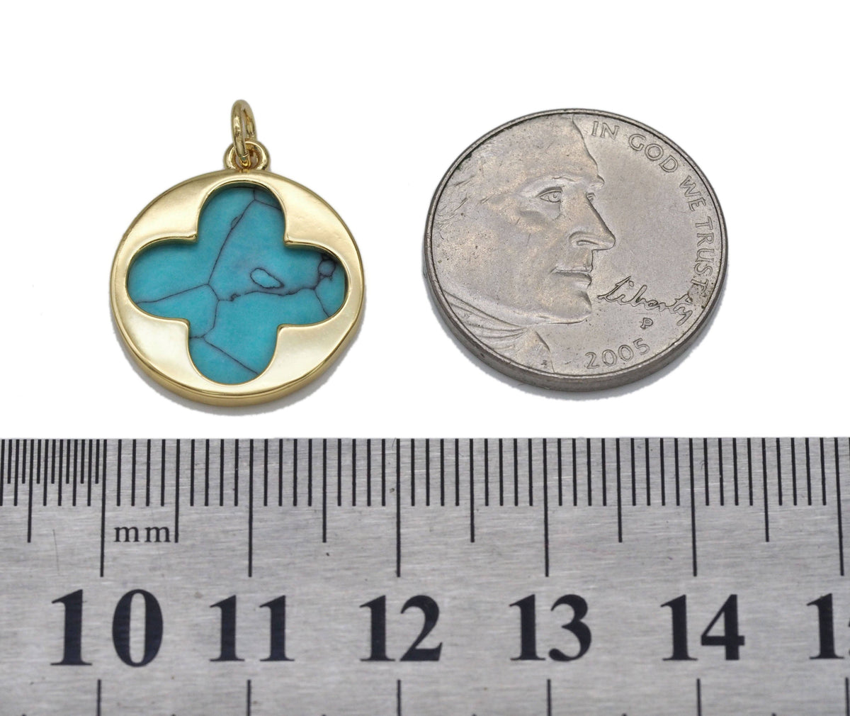 Gold CZ Clover Flower On Turquoise Stone Charm, Sku#L705