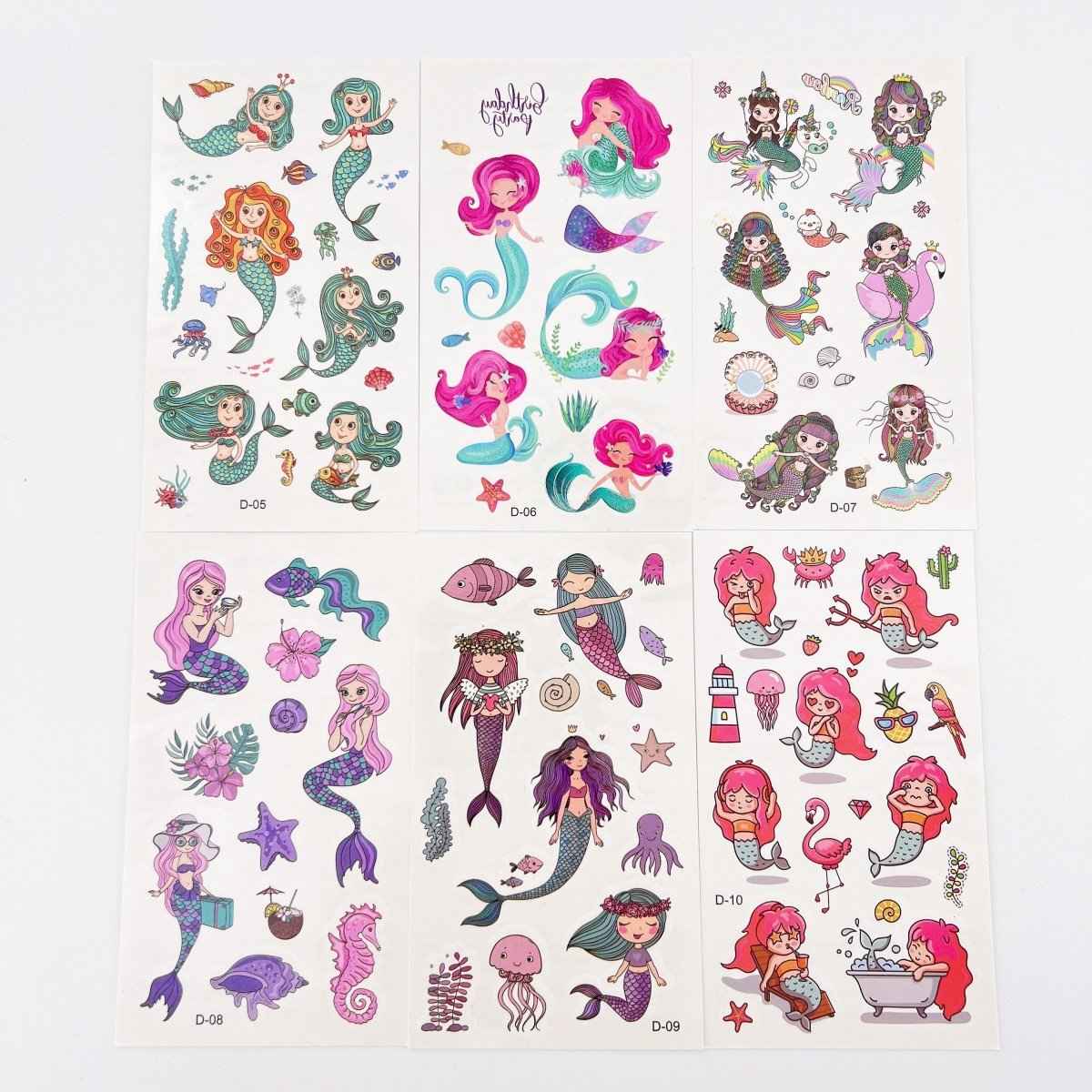 10 Mermaid Tattoo Sheets – Waterproof Kids Party Favor Stickers