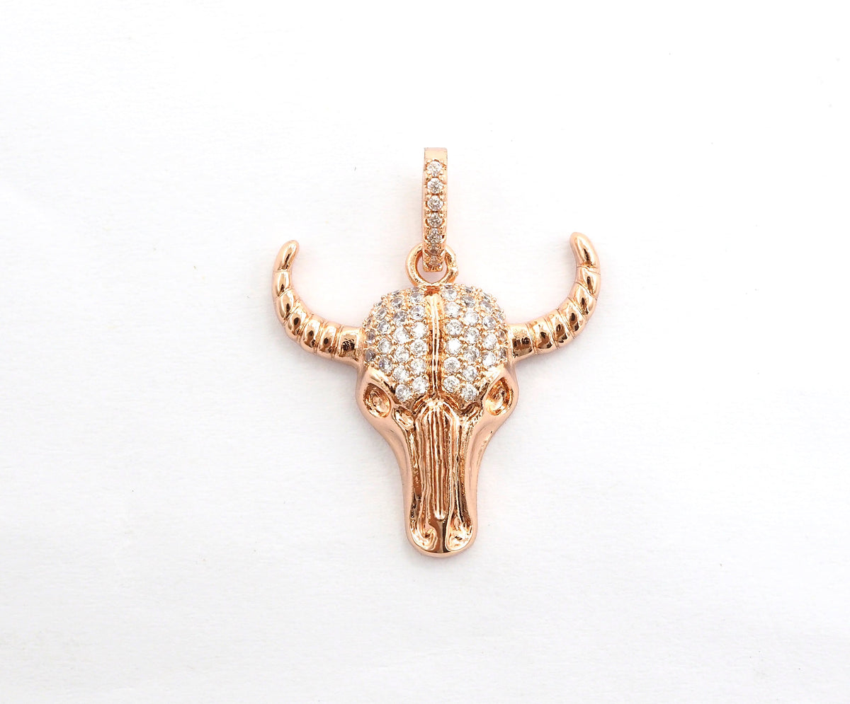CZ Micro Pave Bull Skull Pendant, CZ Long Horn Charms,ox head, Bull Horn Charms, Antelope Head Pendant, Black/Rose Gold, 22mm,SKU#F548