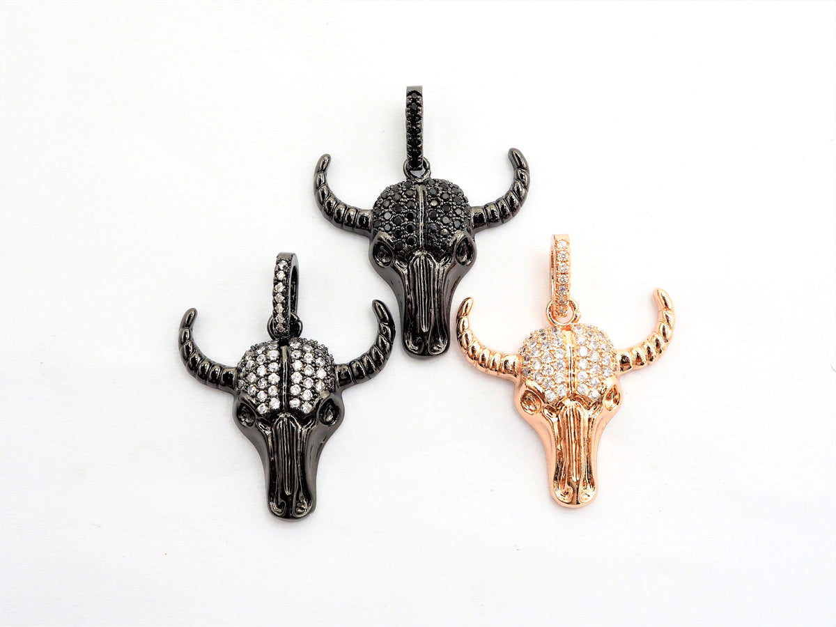 CZ Micro Pave Bull Skull Pendant, CZ Long Horn Charms,ox head, Bull Horn Charms, Antelope Head Pendant, Black/Rose Gold, 22mm,SKU#F548