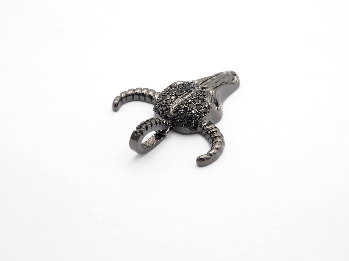 CZ Micro Pave Bull Skull Pendant, CZ Long Horn Charms,ox head, Bull Horn Charms, Antelope Head Pendant, Black/Rose Gold, 22mm,SKU#F548