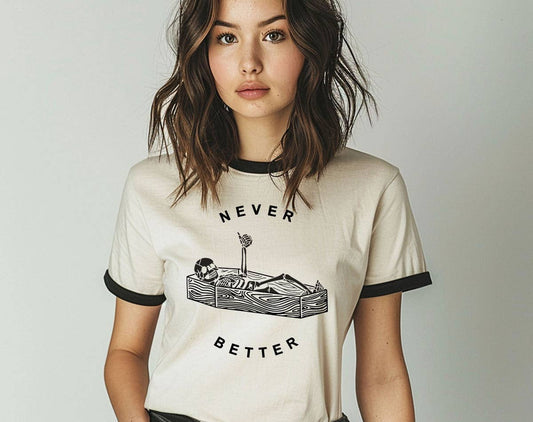 Never Better Skeleton Coffin Ringer T-Shirt, Retro Contrast Trim Tee