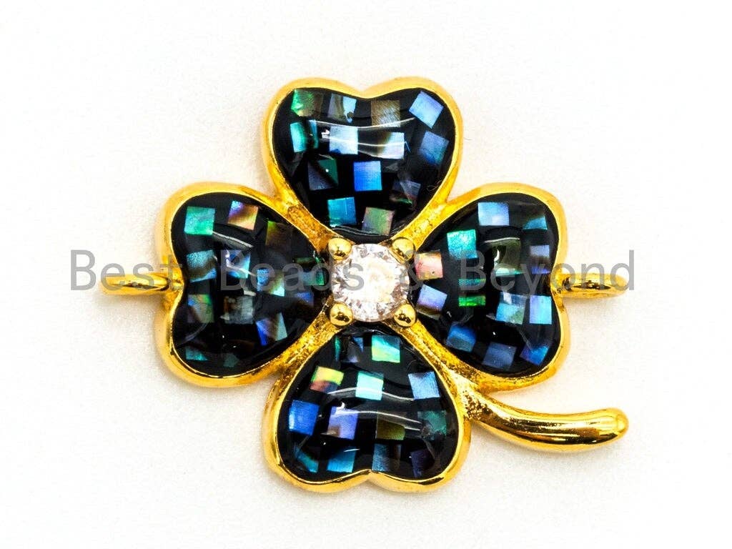 CZ Micro Pave Abalone Four-leaf Clover Connector, Abalone Cubic Zirconia Space Connector, 16x21mm, Jewelry Findings,sku#Z34