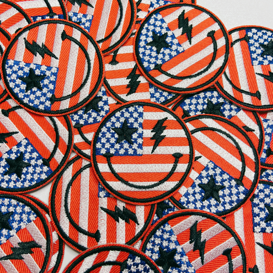 2"  Flag Smiley Face - USA  - Embroidered Hat Patch