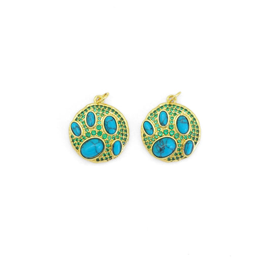 Gold Turquoise Green CZ Paw Print Pendant, Sku#Y799
