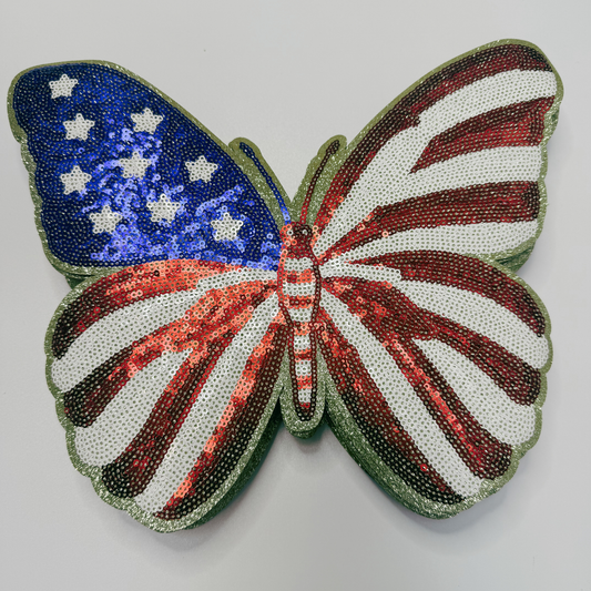 SEQUIN Patriotic Butterfly flag (11" x 9.5”) - Sequin Patch (USA) Red White & Blue