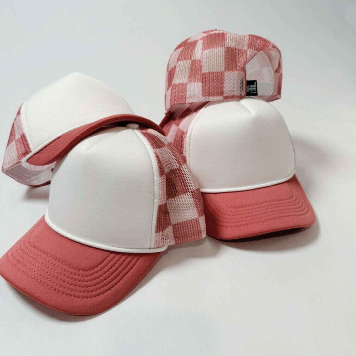 TEELUX - TRUCKER HAT BLANK - Coral Pink Checkered
