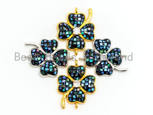 CZ Micro Pave Abalone Four-leaf Clover Connector, Abalone Cubic Zirconia Space Connector, 16x21mm, Jewelry Findings,sku#Z34