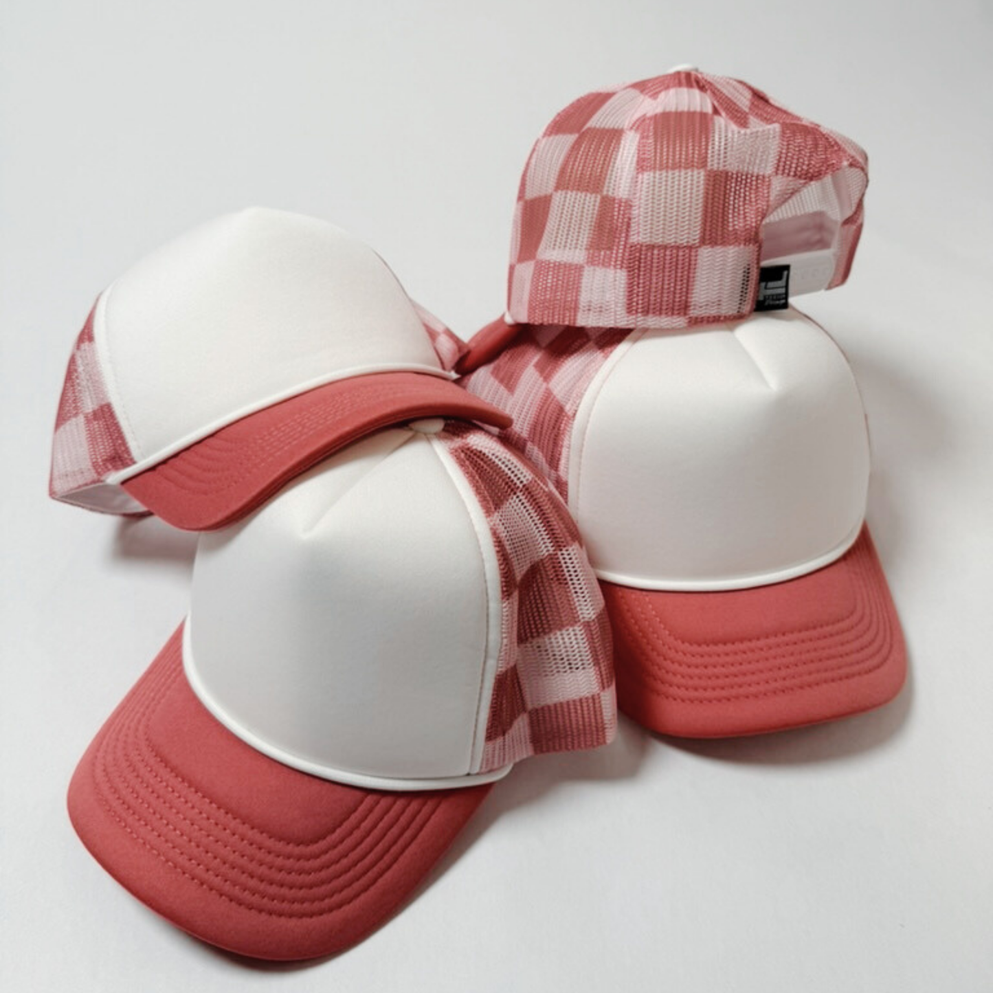 TEELUX - TRUCKER HAT BLANK - Coral Pink Checkered