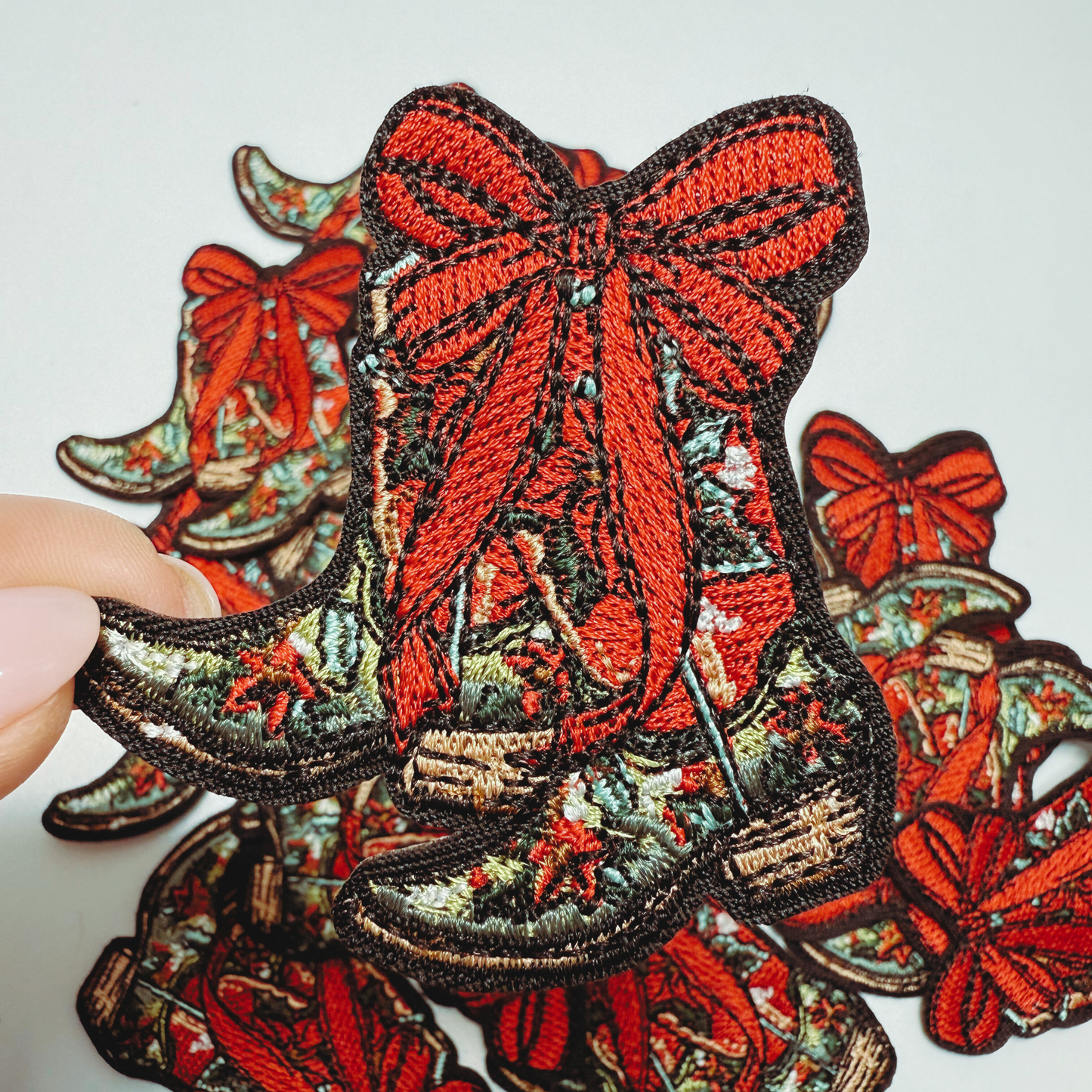 2.5" Cowboy Boots w Bow -  Embroidered Hat Patch