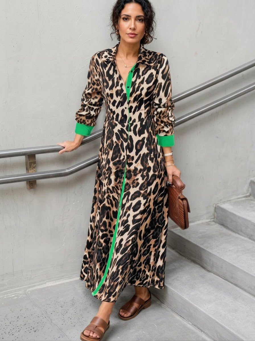 Leopard Print Long Sleeve Shirt Dress with Contrast Trim