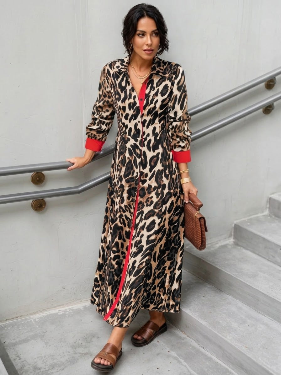 Leopard Print Long Sleeve Shirt Dress with Contrast Trim