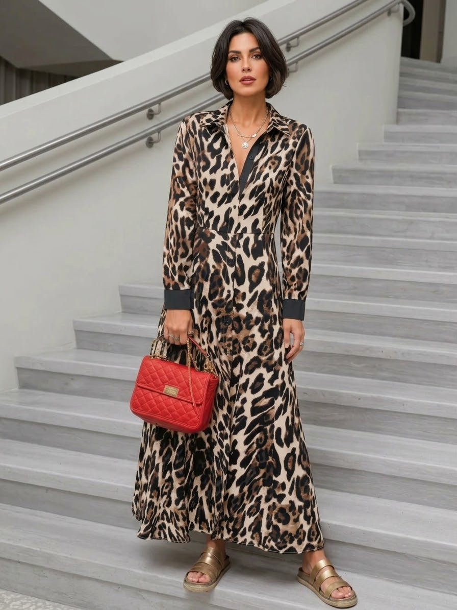 Leopard Print Long Sleeve Shirt Dress with Contrast Trim
