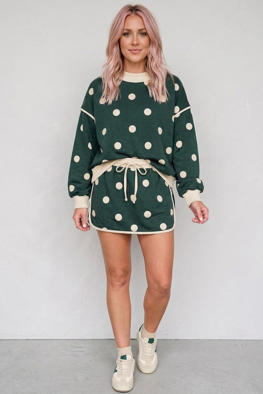 Polka Dot Print Color Block Trim Baggy Pullover Drawstring Skirt 2pcs Set