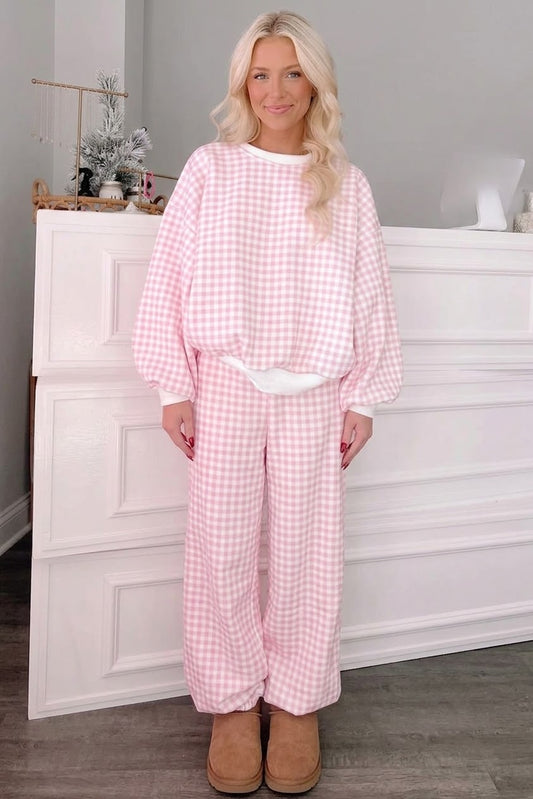 Gingham Round Neck Top and Pants Set