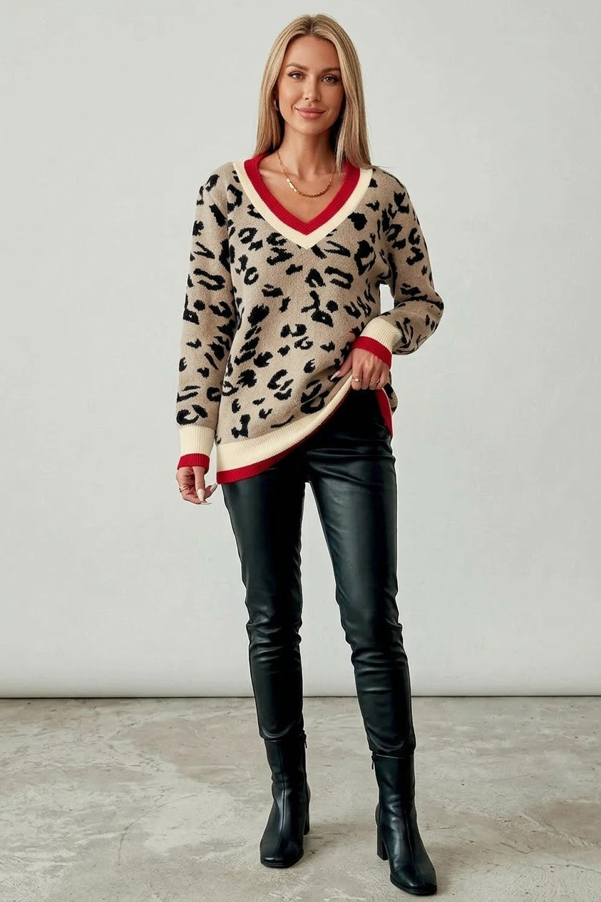Leopard Pattern V-Neck Contrast Rib Knitted Sweater