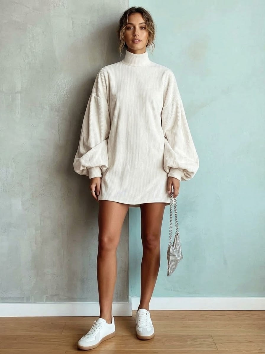 Full Size Ribbed Mock Neck Lantern Sleeve Mini Dress Plus Size