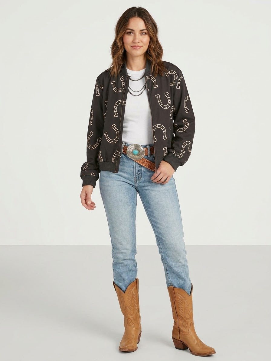 Horseshoe Print Zip-Up Bomber Jacket