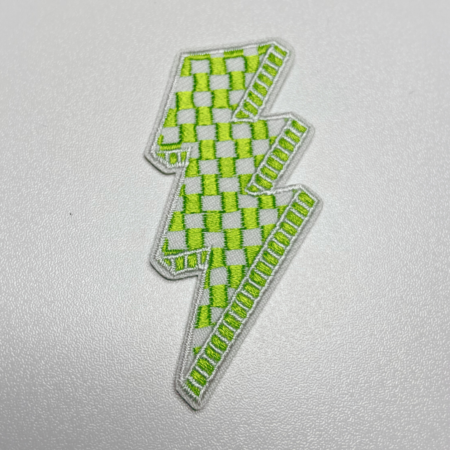 2.5” Checkered Lightning - GREEN & WHITE  - Embroidered Hat Patch