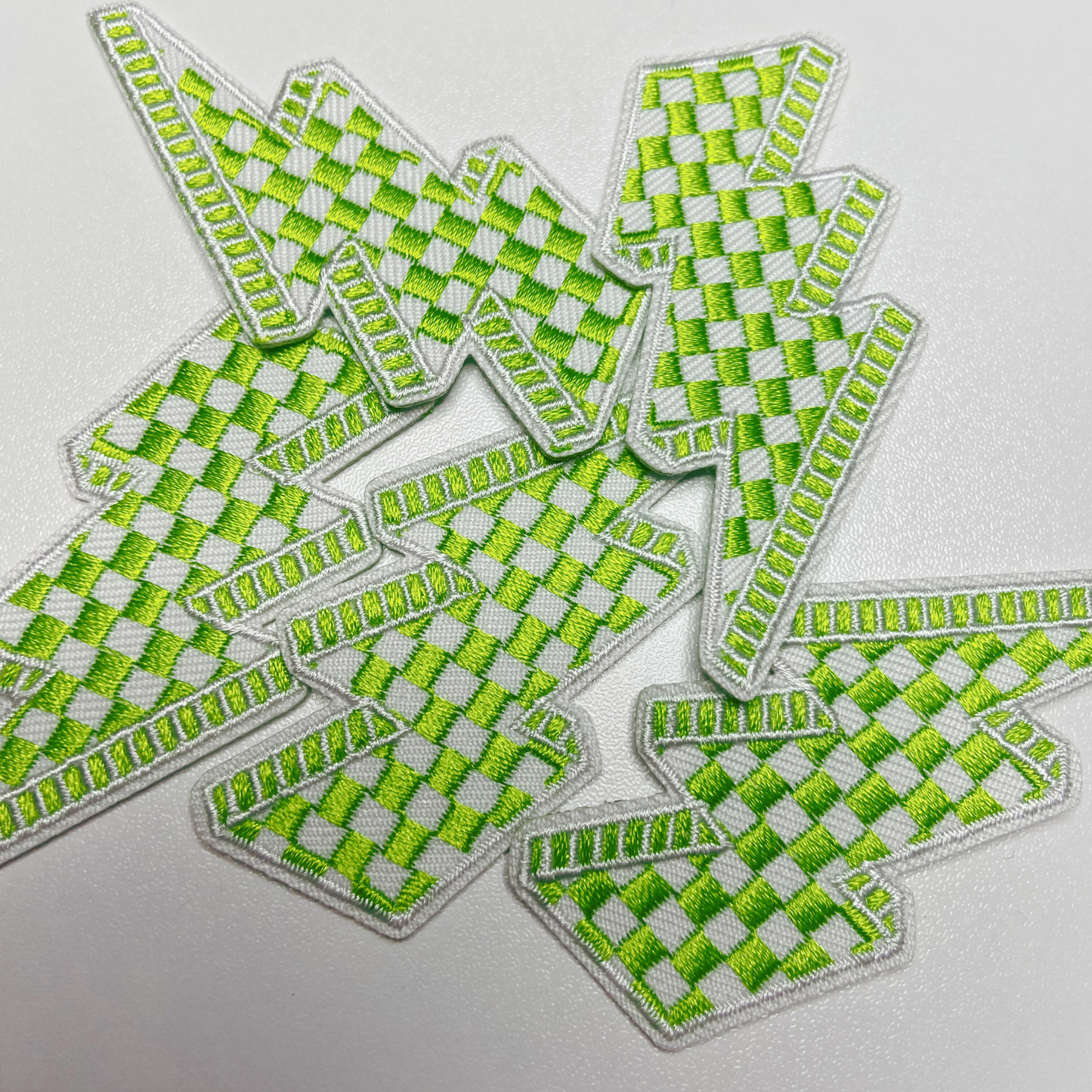 2.5” Checkered Lightning - GREEN & WHITE  - Embroidered Hat Patch
