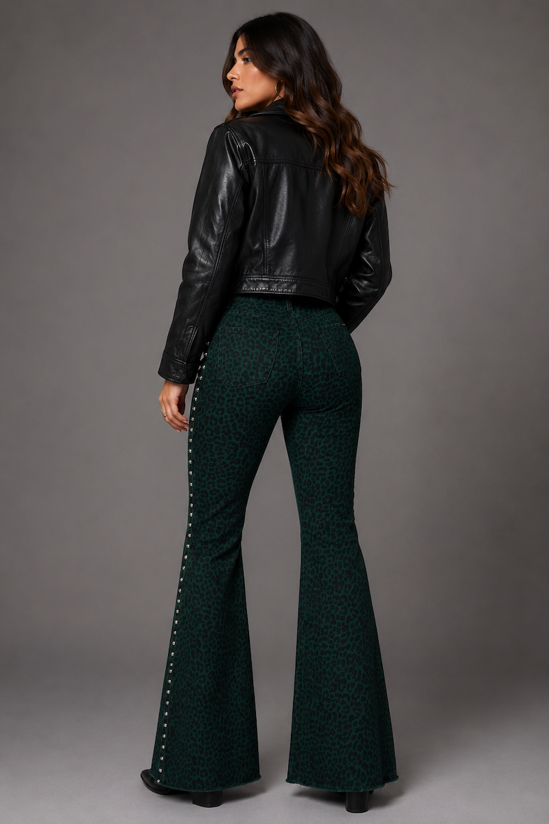 Studded Bell Bottom Jean in Leopard Green