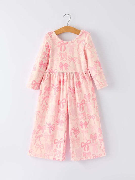 Girls Pink Bow Print Long Sleeve Jumpsuit
