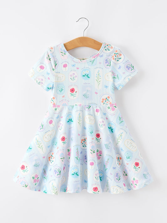 Summer Floral Botanical Girls Dress Blue Short Sleeve