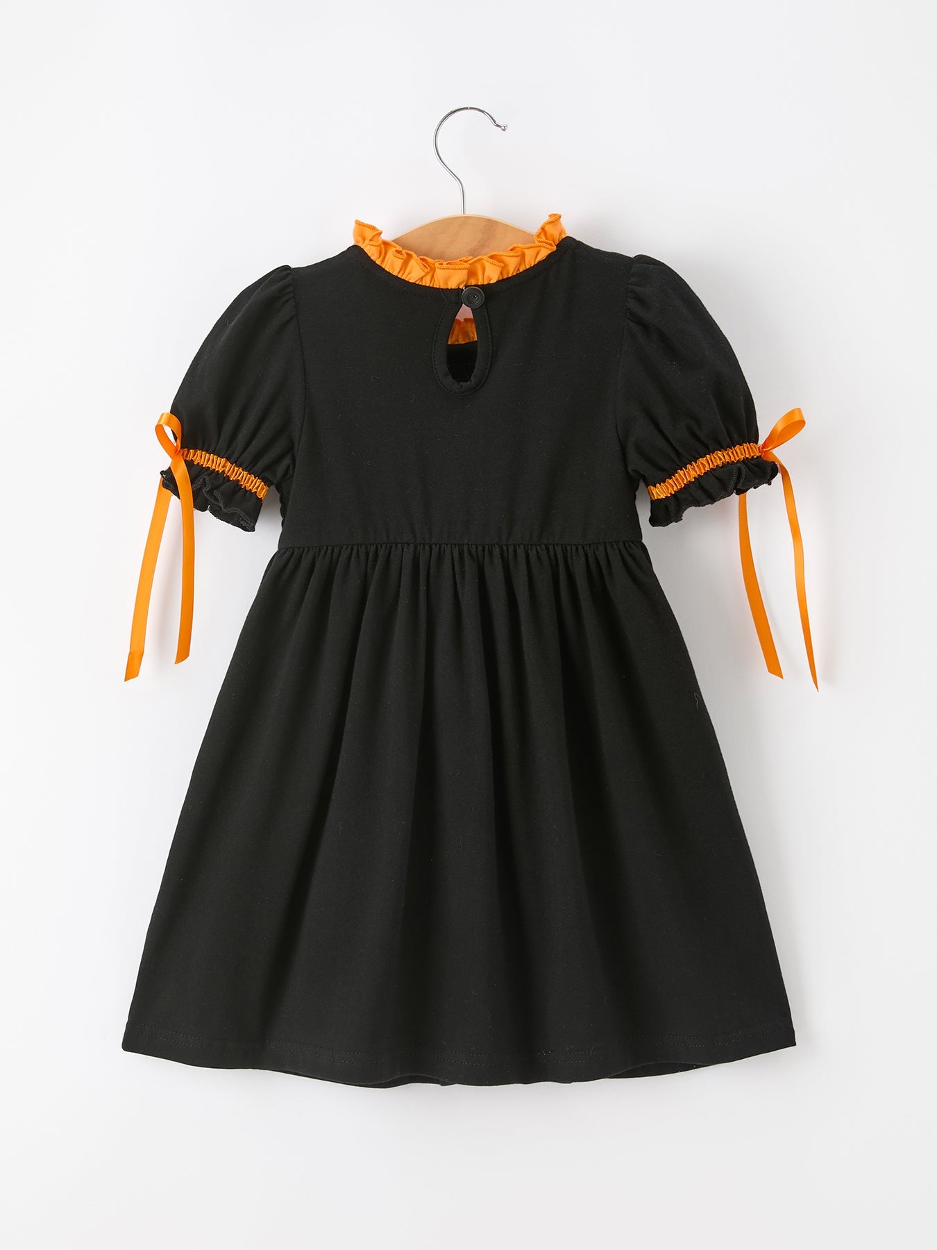 Girls Halloween Dog Pumpkin Applique Dress Puff Sleeve