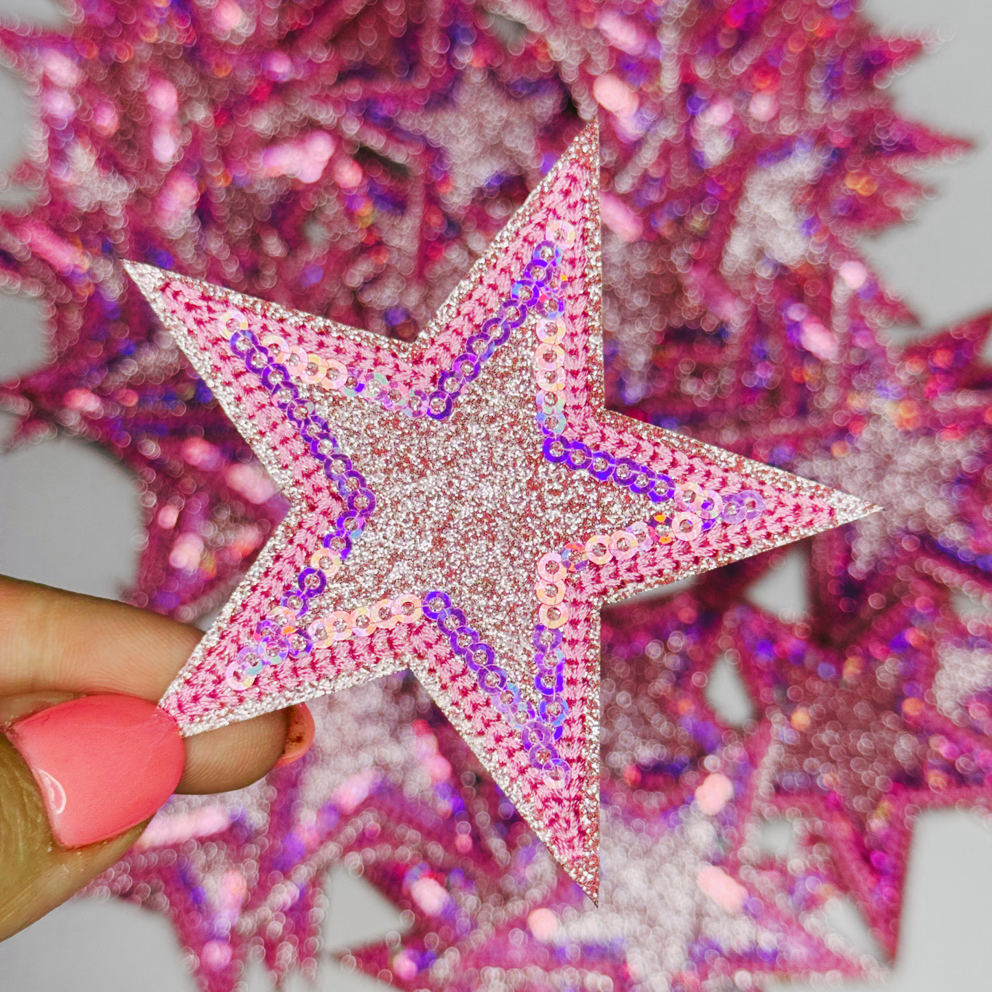 3" Pink Sequin & Glitter STAR - Glitter Embroidered Hat Patch