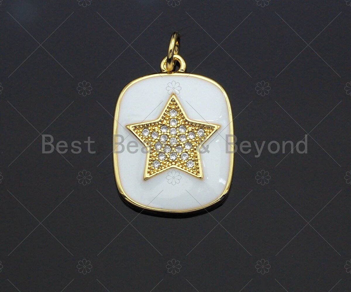 White Enamel Star Moon Evil Eye on Dog Tag Pendant,CZ Micro Pave pendant,Enamel pendant,Enamel Jewelry, 16x22mm,sku#LD05