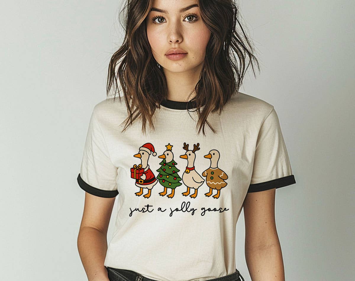Just A Jolly Goose Tis The Season Christmas Ringer T-Shirt, Retro Contrast Trim Tee