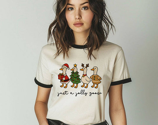 Just A Jolly Goose Tis The Season Christmas Ringer T-Shirt, Retro Contrast Trim Tee