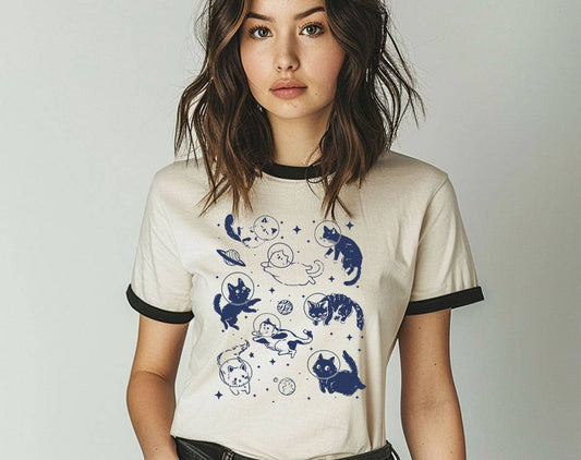 Cats Floating In Space Ringer T-Shirt, Retro Contrast Trim Tee
