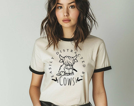 Easily Distracted By Cows Highland Cow Ringer T-Shirt, Retro Contrast Trim Tee